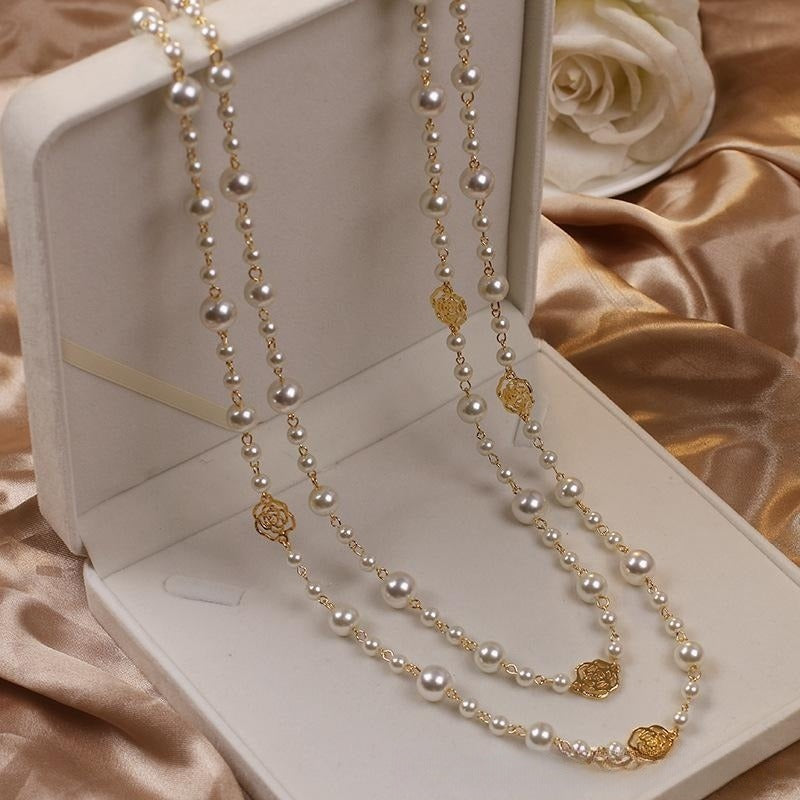 2 Strands Dress Chain Sweater Chain Long Pearl and Clover Necklace