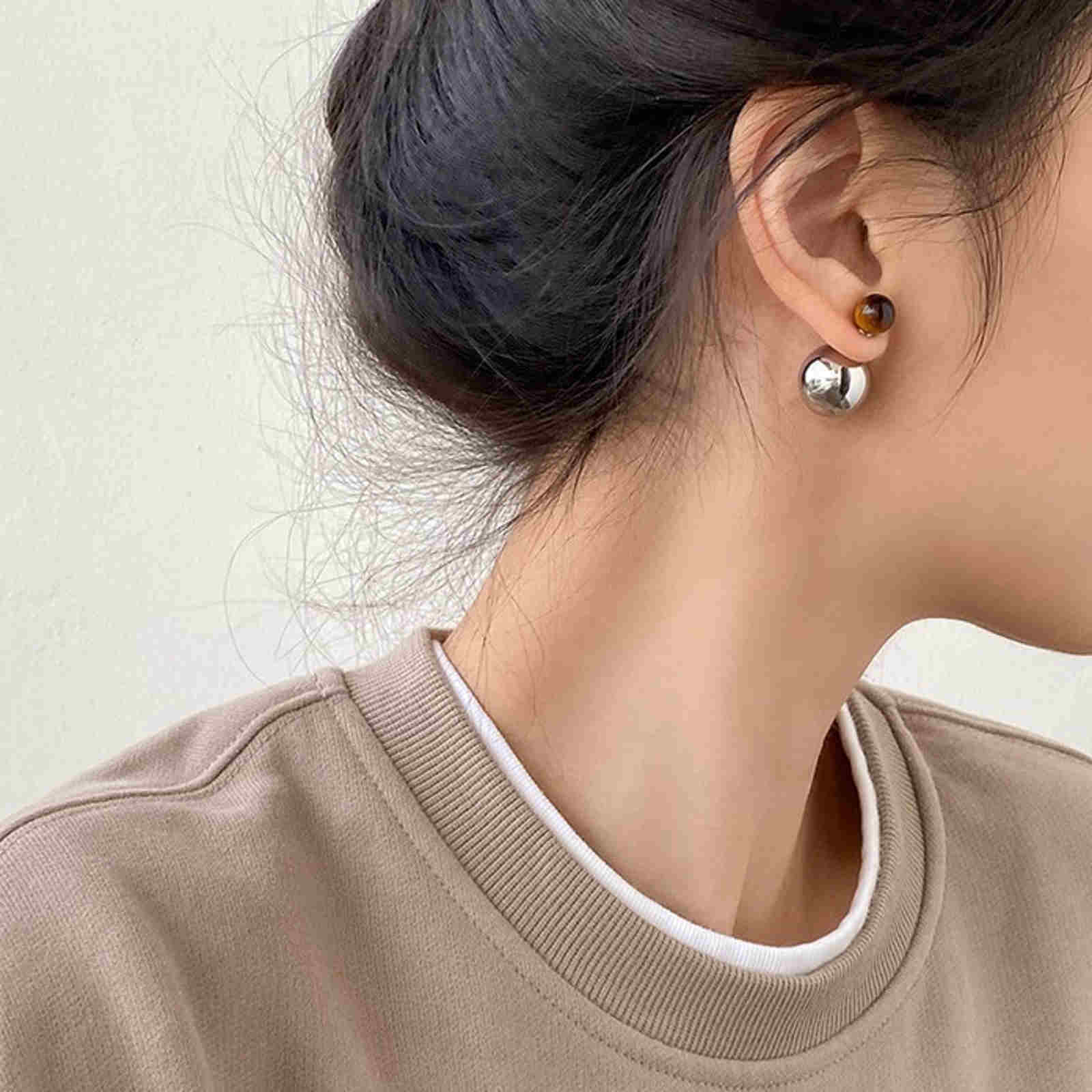 Silver Metal Stud Double Ball Earrings Tiger Eye Stone Earrings with S925 Silver Pin