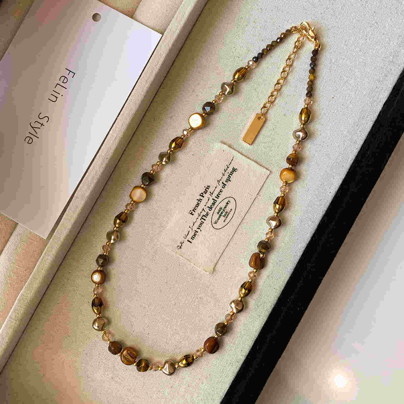 Natural Stone Necklace Tiger Eye Brown Stone with Baroque Pearl Necklace 45cm