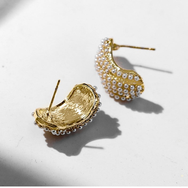 S Shape Pearl Earring Hoop Elegant Gold Pearl Earrings with Silver Pin