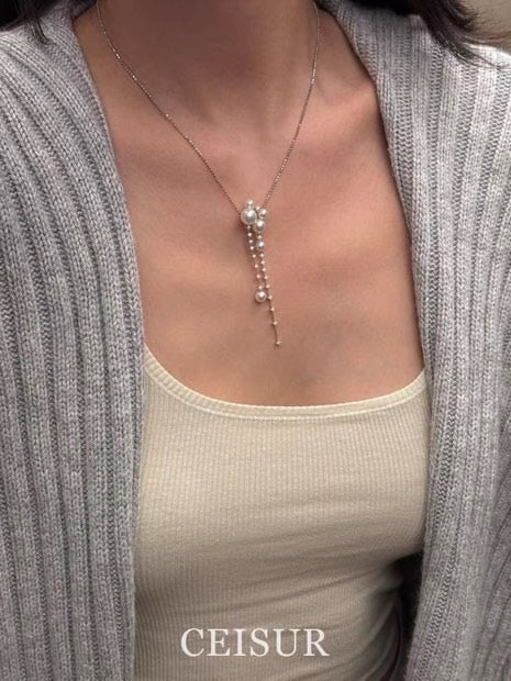 Freshwater Pearl Pendant Necklace Big Crystal Glossy Pearl Pendant Silver Chain 45cm