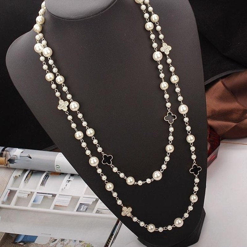 2 Strands Dress Chain Sweater Chain Long Pearl and Clover Necklace