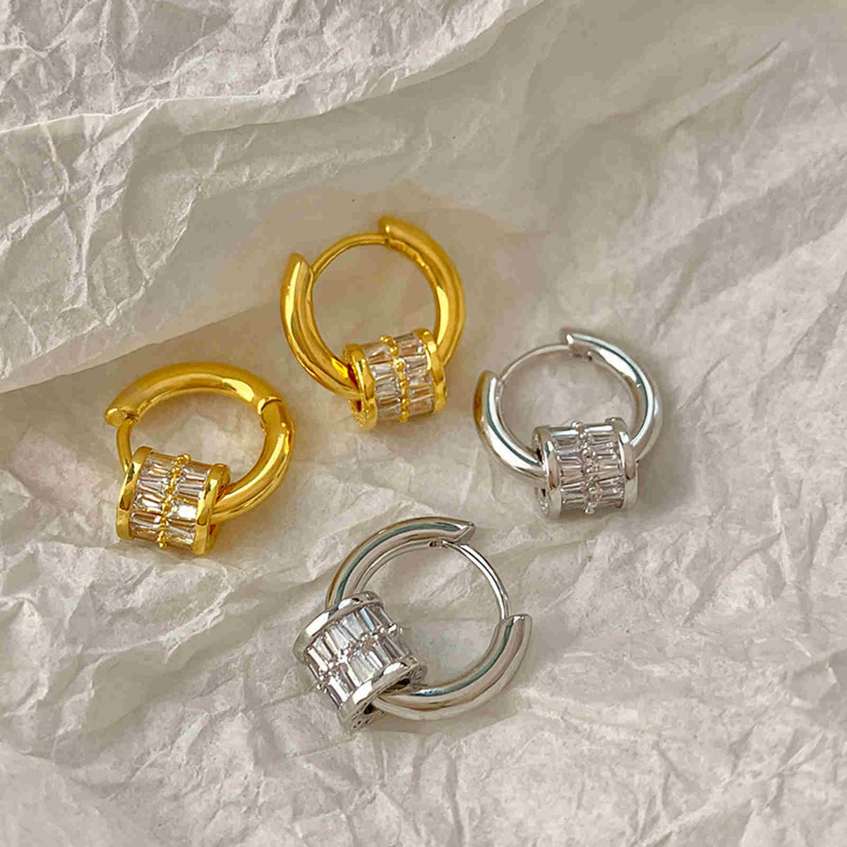 Small Chunky Hoop Earrings with Gold and Silver with Crystal Halo