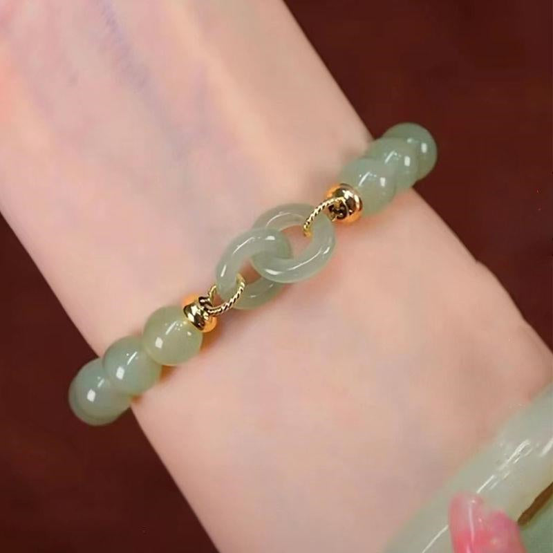 Green Jade Nephrite Bracelet | Round Pingan Clasp Nephrite Bracelet | Elastic Rope Jade Bracelet for Women