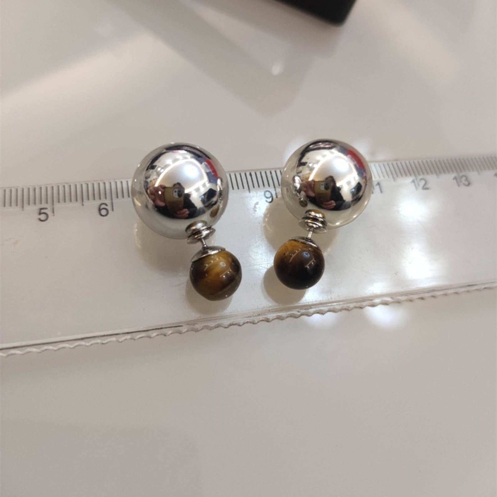 Silver Metal Stud Double Ball Earrings Tiger Eye Stone Earrings with S925 Silver Pin
