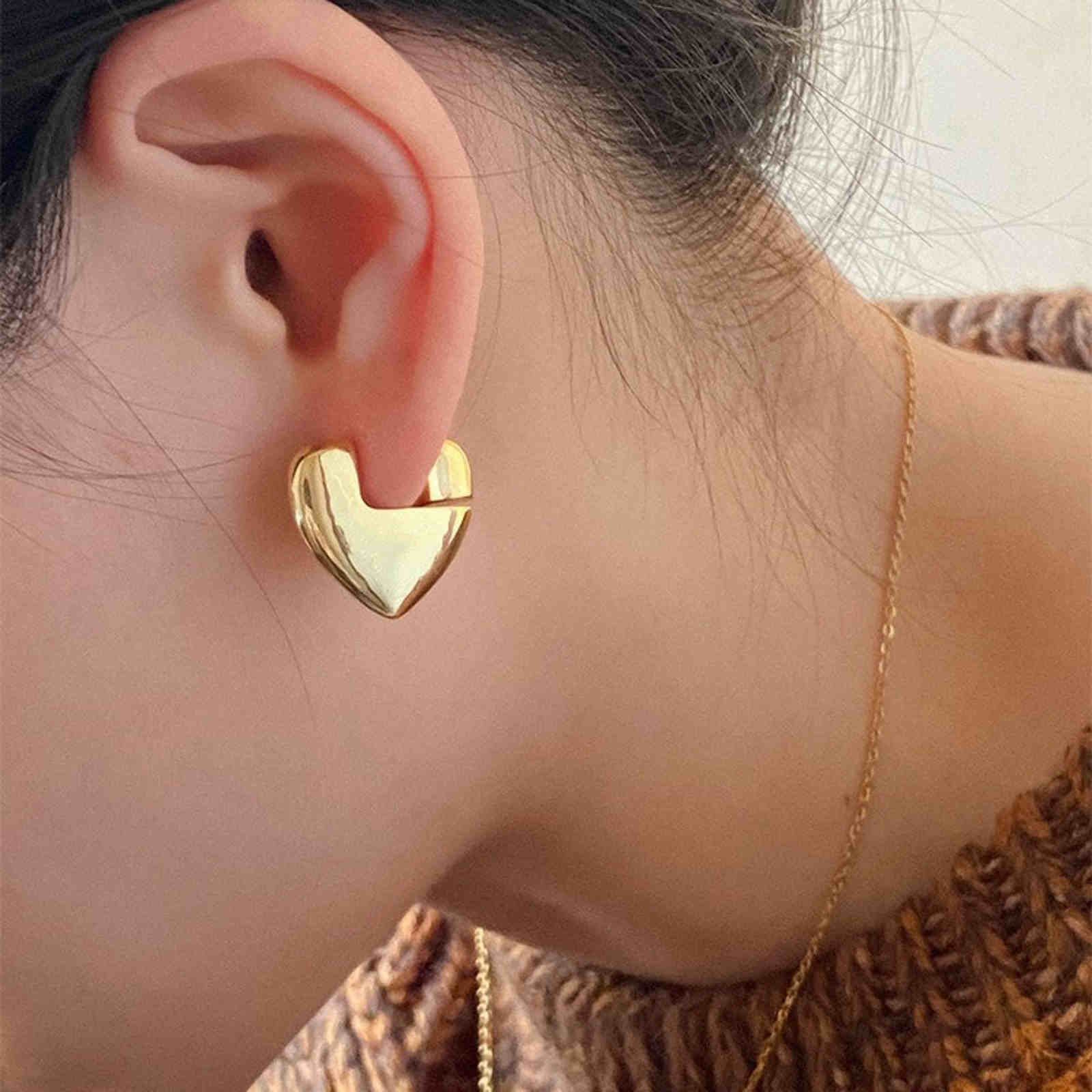 Chunky Gold Earrings Heart Shaped 18K Gold Hoop Earrings with Silver Pin