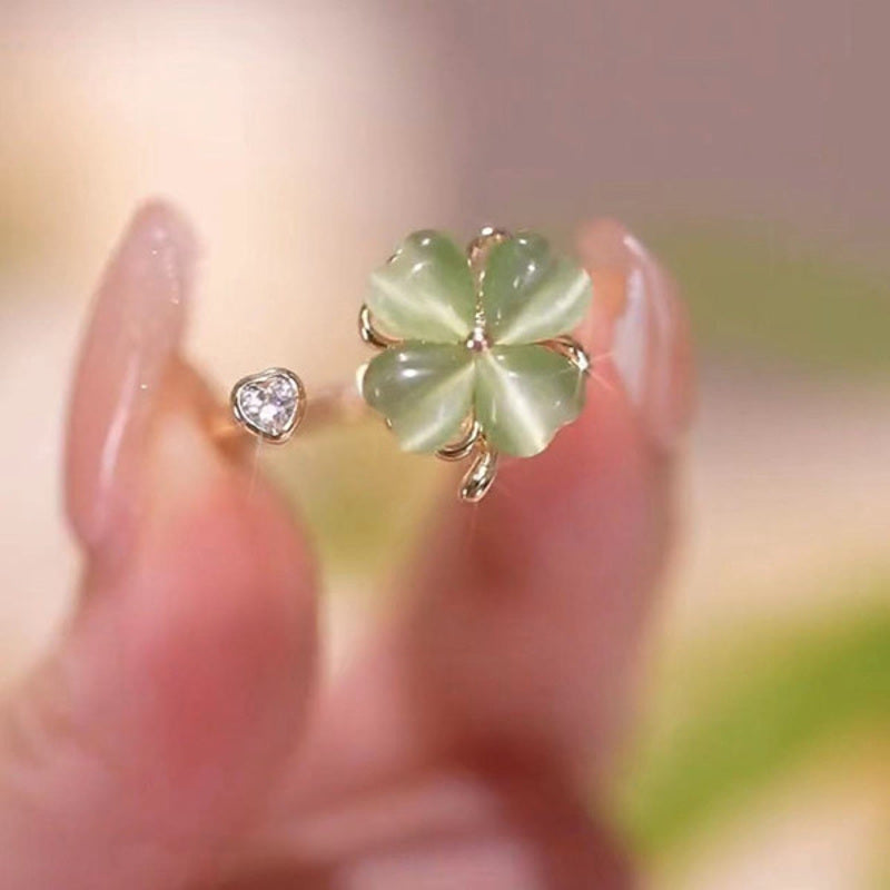 Opal Clover Stud Earrings Necklace and Rings White and Green Lucky Four Leaf Jewelry Set