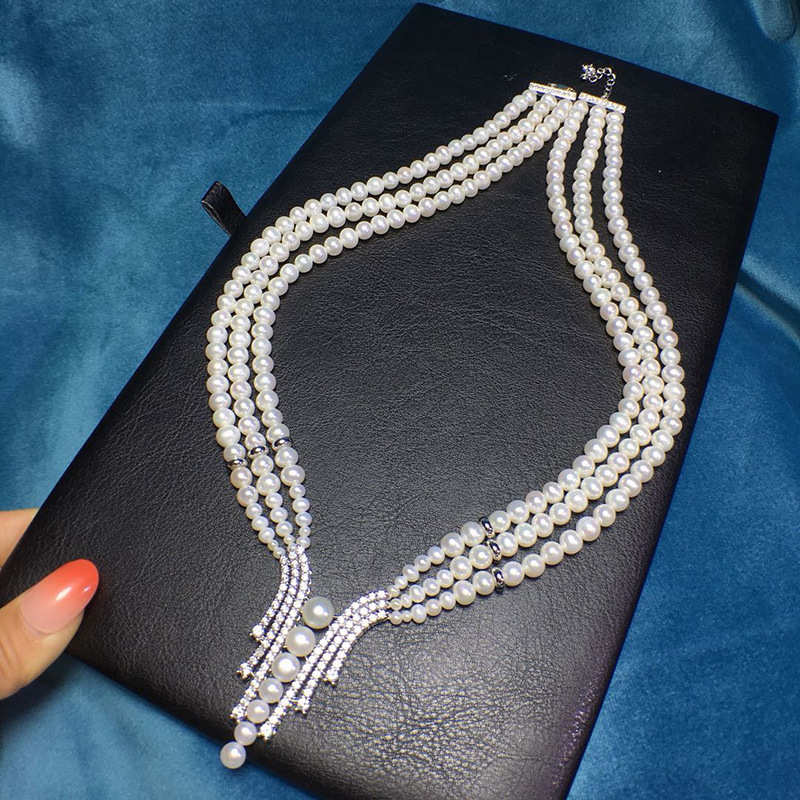 6MM Freshwater Pearl Necklace | Multi Strand White Real Pearl Necklace | Sterling Silver Pearl Necklace for Wedding