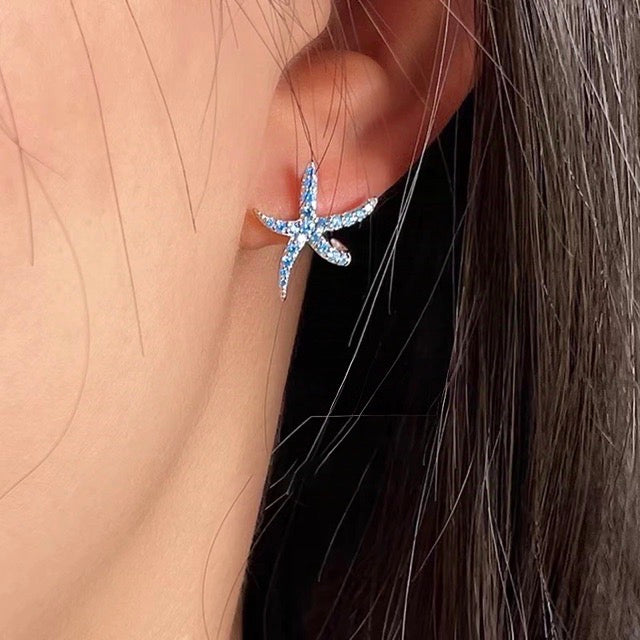 Blue Starfish Earring Studs Shiny Petite Crystal Studs with s925 Silver Pin