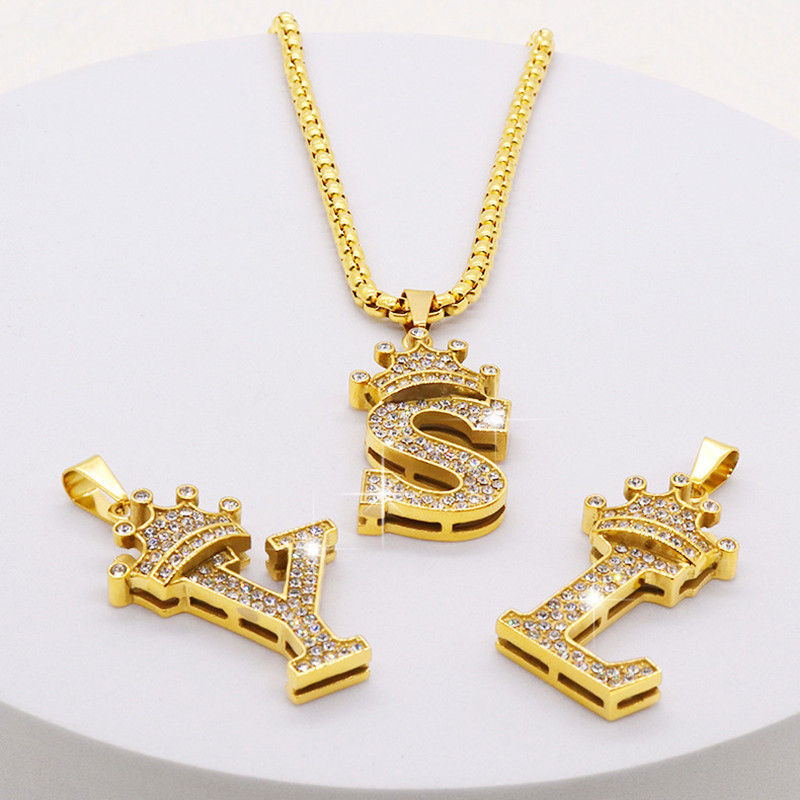 Alphabet Pendant Necklaces With Free Gold Chain Crystal Zircon Crown Initial Letter Necklace
