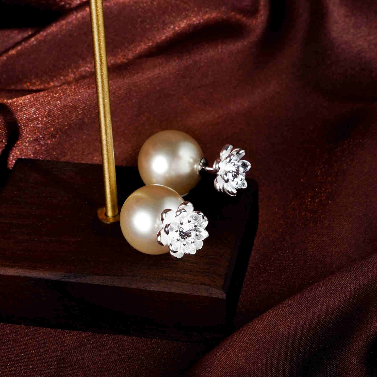 Boucles d'oreilles à tige en perles et cristal, à deux côtés, en argent S925