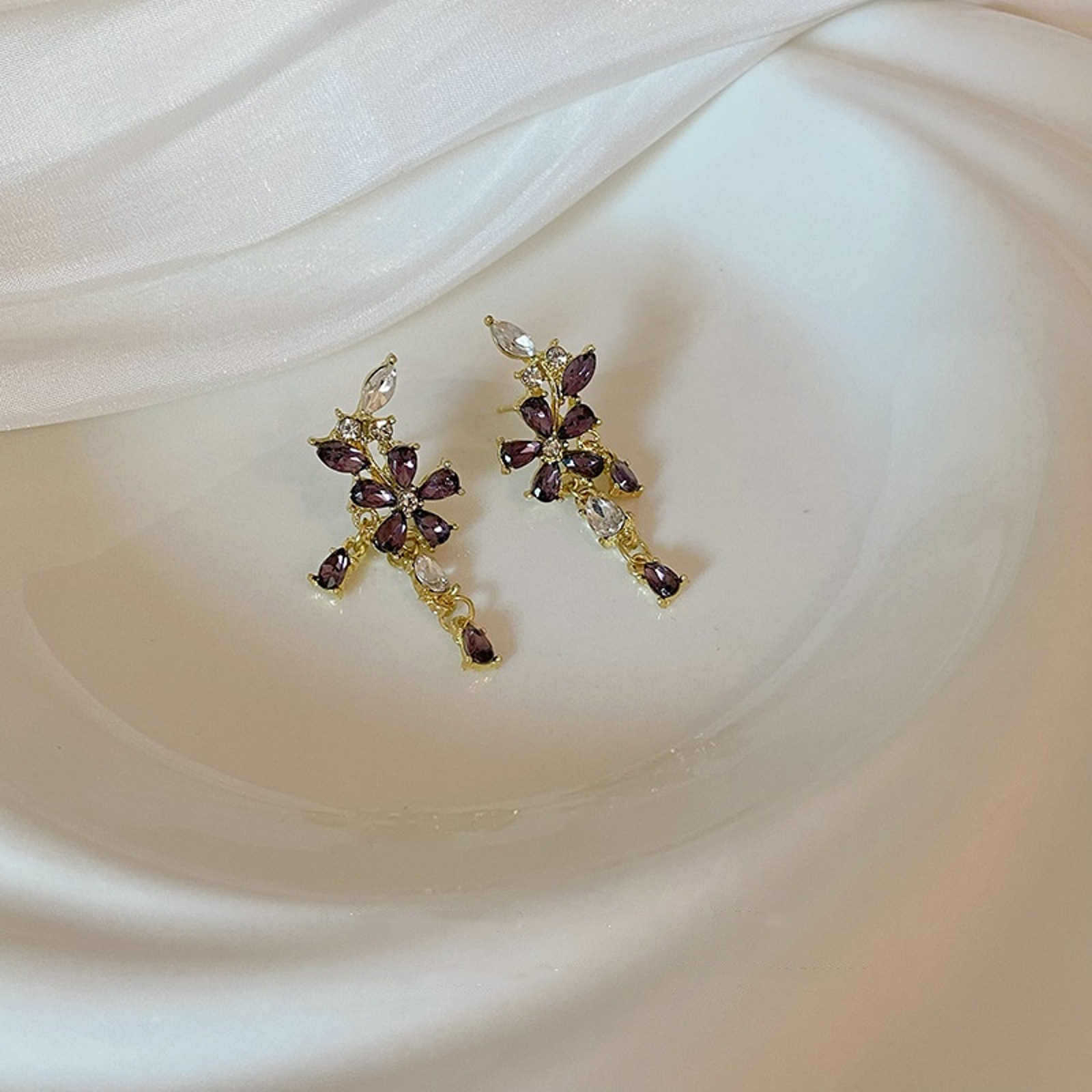 Crystal Flower Stud Earrings Super Shiny Purple Diamond Tassel Earrings