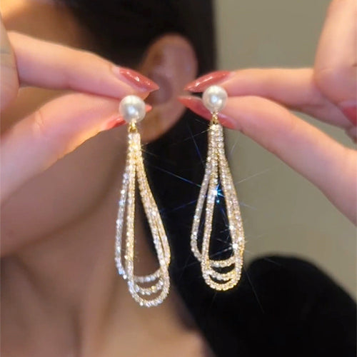 6MM Pearl Stud Crystal Dangling Earrings with S925 Silver Pin
