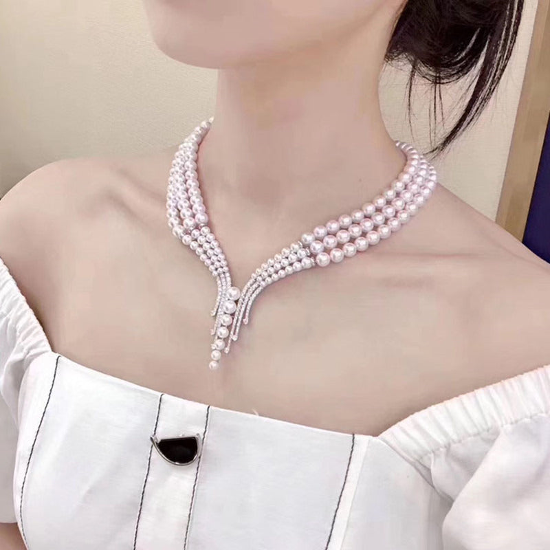 6MM Freshwater Pearl Necklace | Multi Strand White Real Pearl Necklace | Sterling Silver Pearl Necklace for Wedding