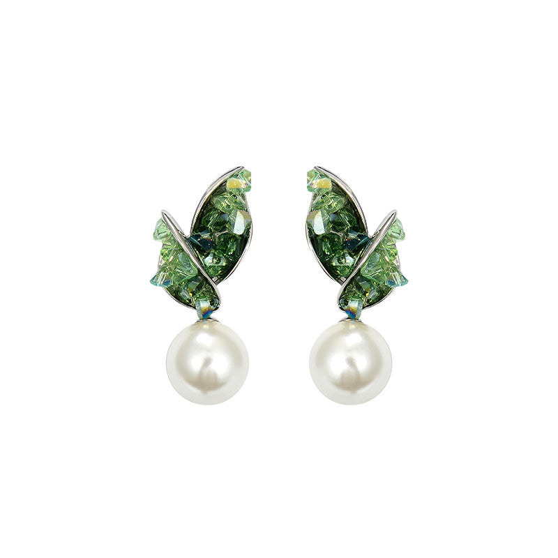 15MM Large Pearl Earrings Green Orange Crystal Leaf Shaped Earrings with S925 Silver Pins