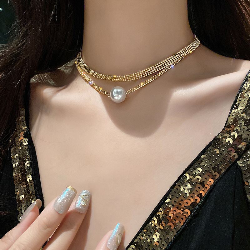 【Crazy Deal】13MM Pearl Pendant Necklace | Gold Double Chain Clavicle Chain | Crystal Chain and 14K Gold Plated
