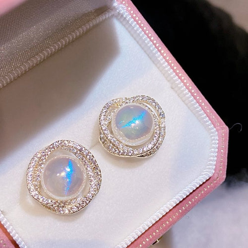 Moonstone And Crystal Earring Studs Opal Earring Clip and S925 Silver Pin