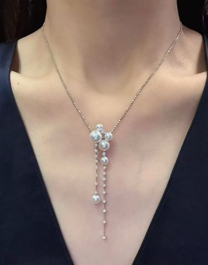 Freshwater Pearl Pendant Necklace Big Crystal Glossy Pearl Pendant Silver Chain 45cm