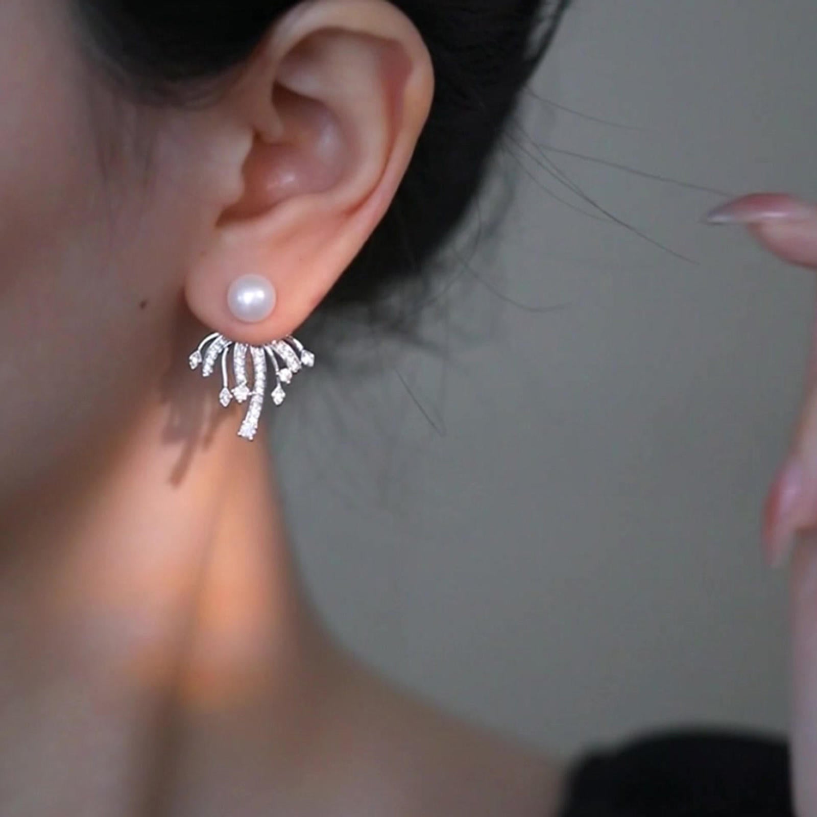 Elegant Pearl Earring Jackets with Tassel Crystal Drop Silver Pin