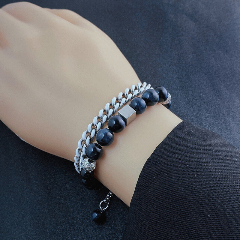 8MM Black Green Pearl Beaded Bracelet | Hip Hop Stone Bracelet | OT Clasp Cuban Chain Double Stack Bracelet