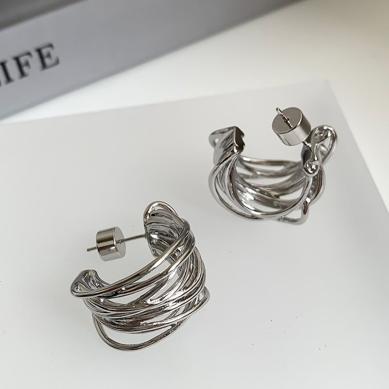 Pendientes de aro grandes con garra elegante, pendientes gruesos trenzados de oro y plata con alfileres de plata S925