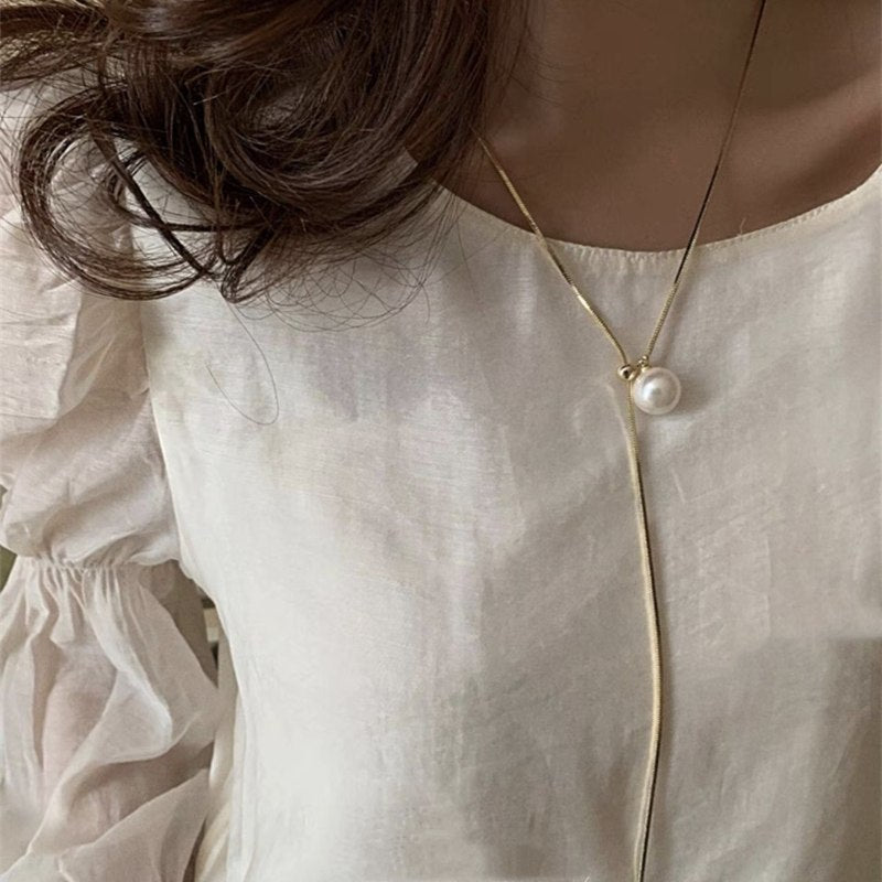 Long Pearl Drop Necklace Elegant Gold and Silver Sweater Chain