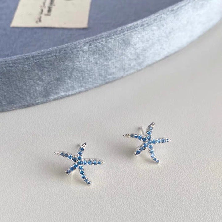Blue Starfish Earring Studs Shiny Petite Crystal Studs with s925 Silver Pin