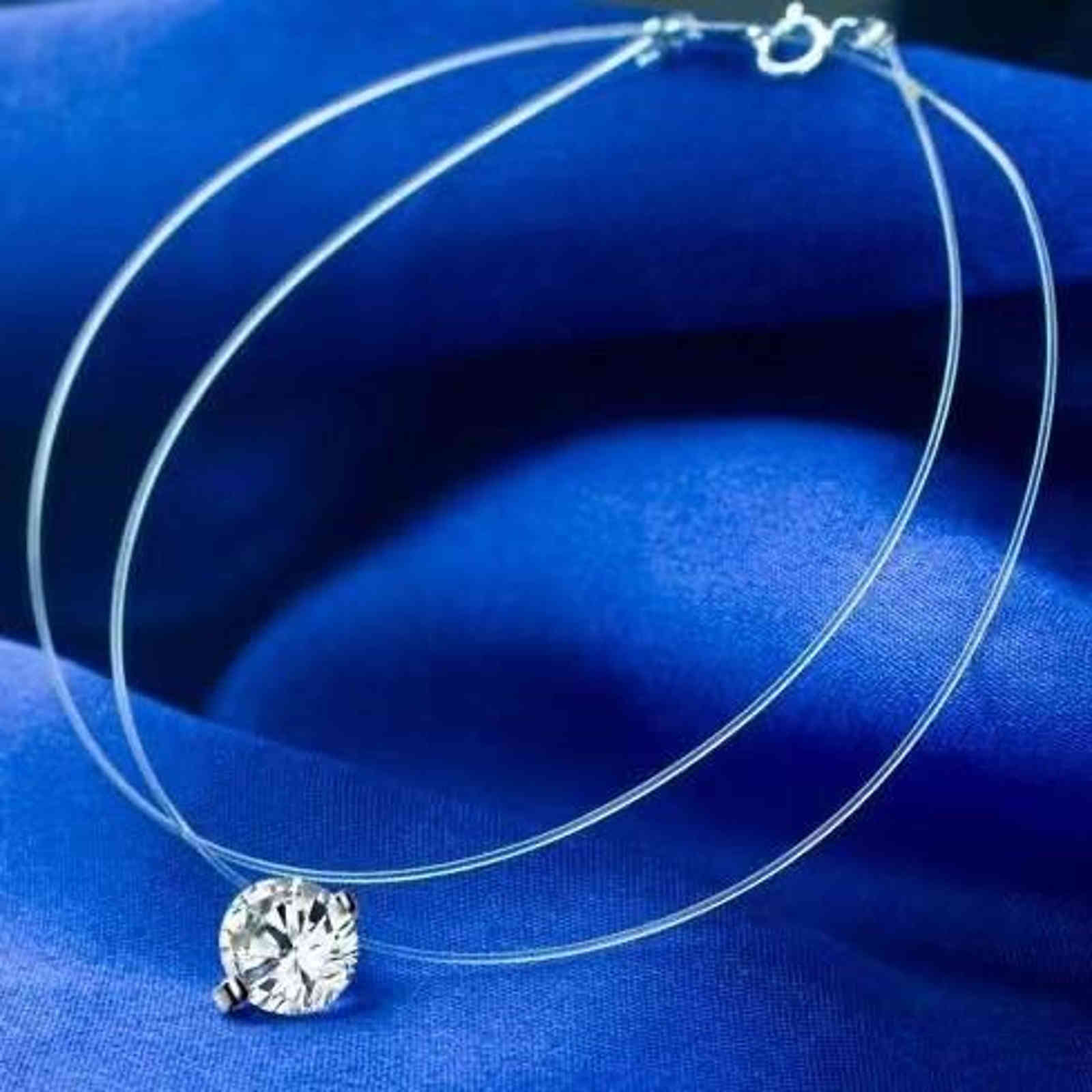 Floating 3ct Diamond Necklace Invisible Chain 8mm Big Crystal Zircon Pendant Necklace 45cm Long
