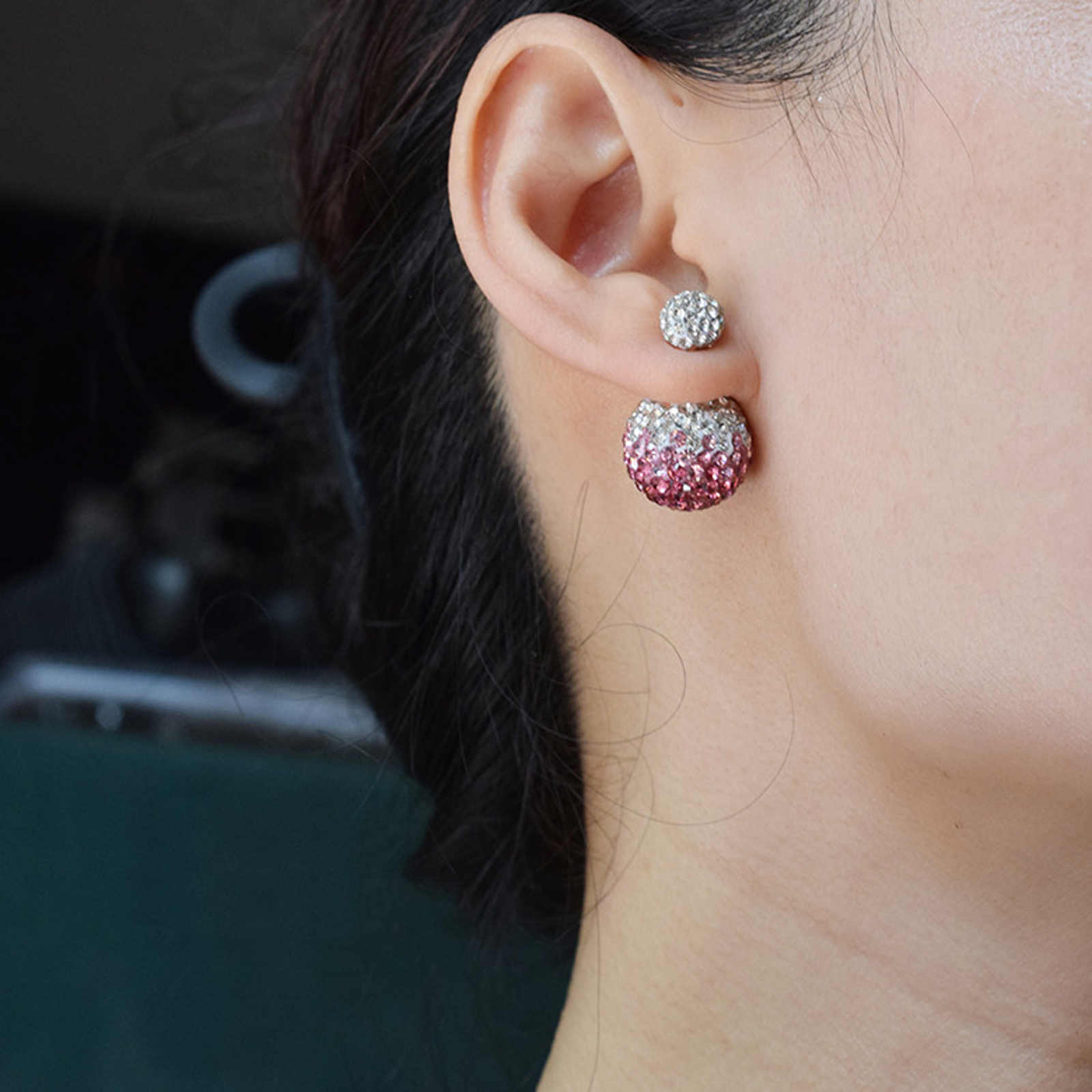 Double Sided Earring Studs Bling Crystal Ball Zircon Stud Gradient Color Earrings with S925 Silver Pin