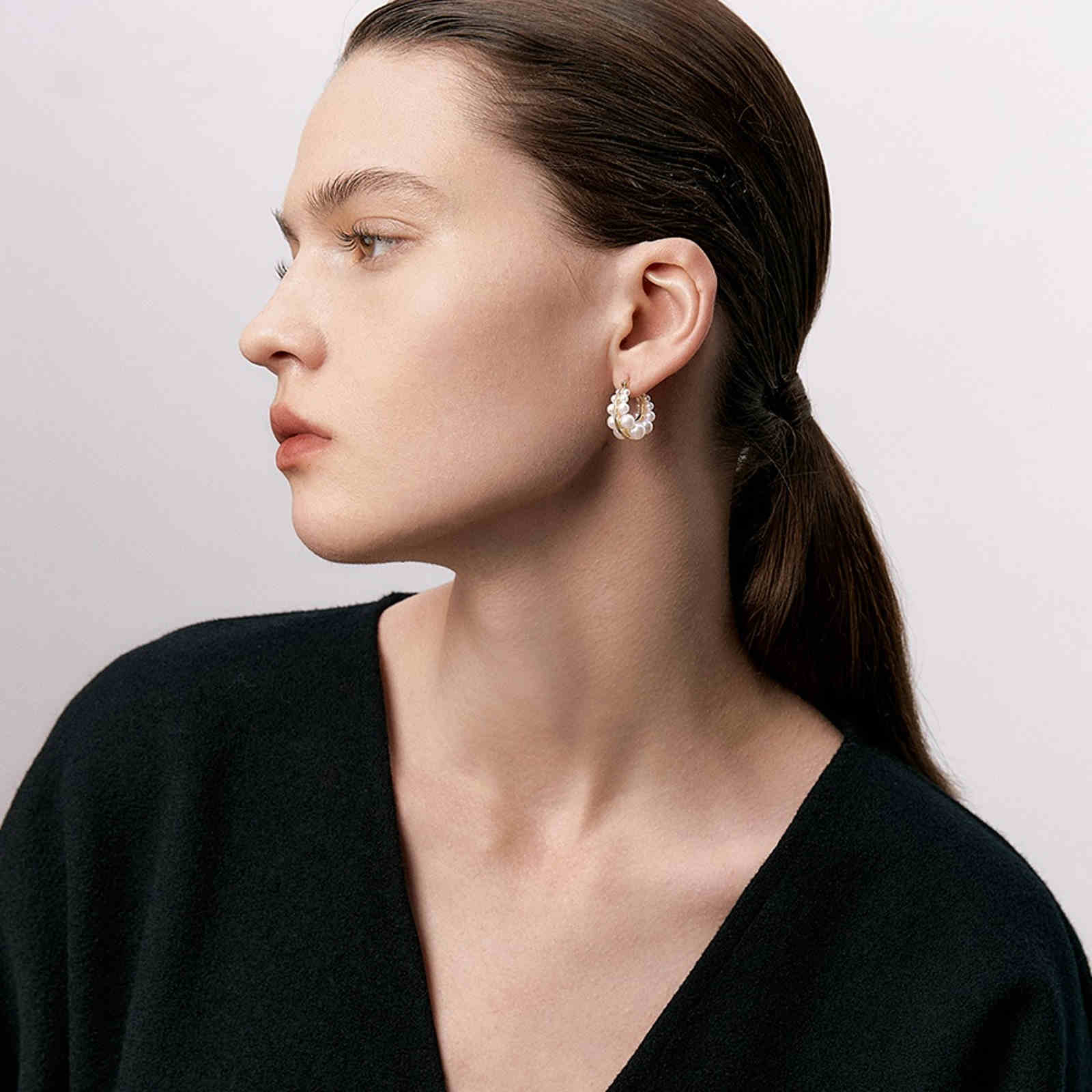 Shell Pearl Hoop Earrings Gold Earring Hoop with White Pearls and Silver Pins