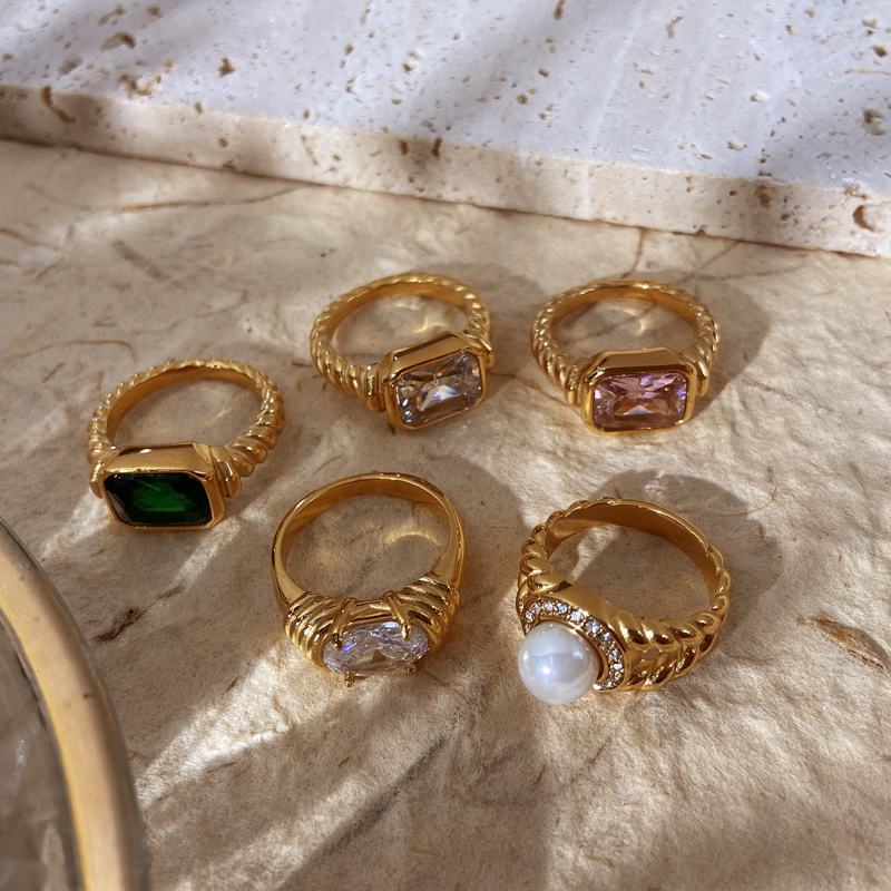Zircon Rings Pearl and Natural Stone Ring 14K Gold Plated