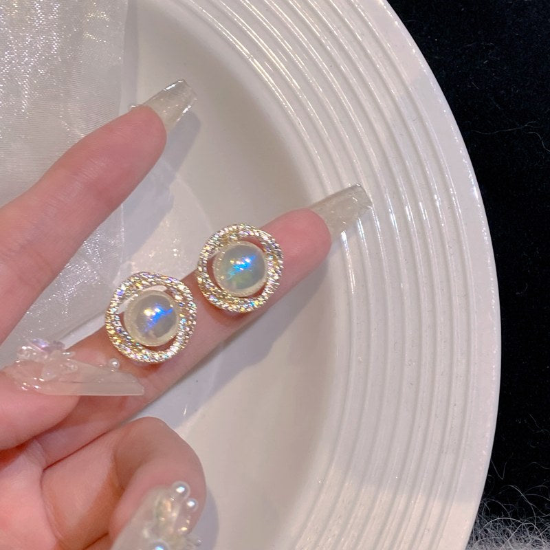 Moonstone And Crystal Earring Studs Opal Earring Clip and S925 Silver Pin