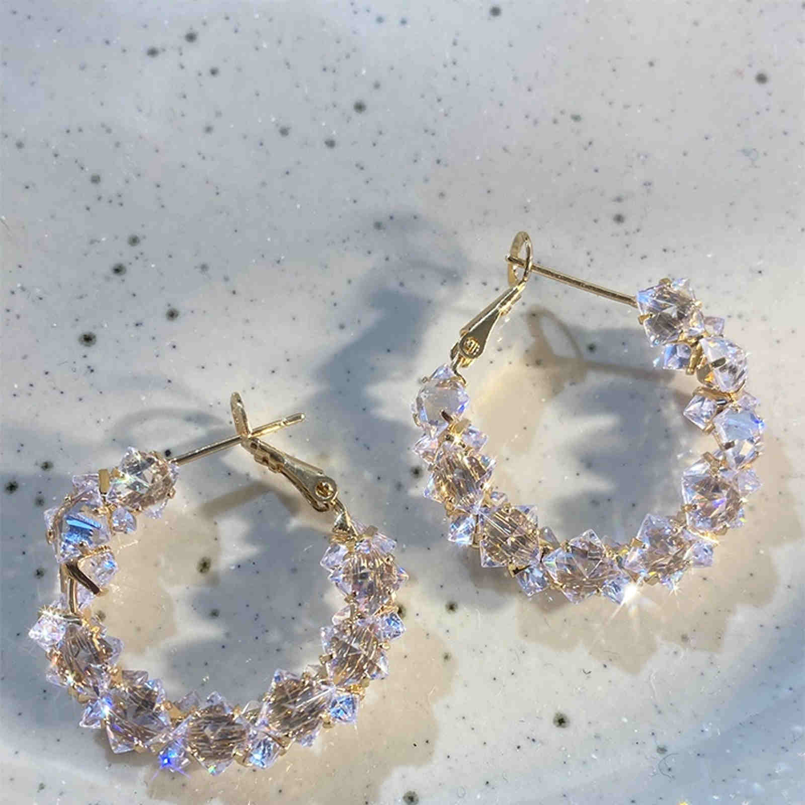 Grandes boucles d'oreilles créoles en cristal et diamants scintillants avec broches en argent S925