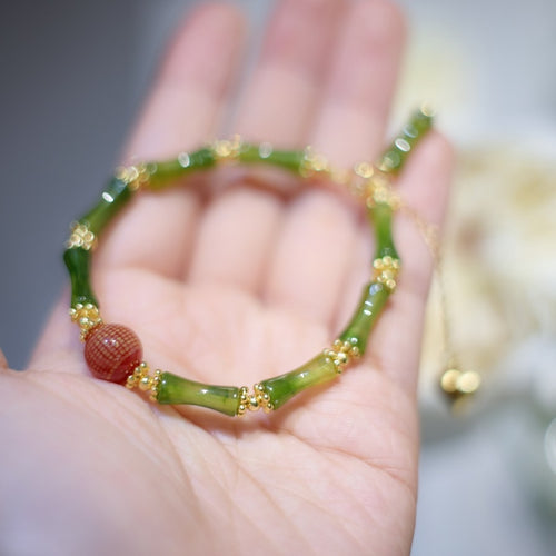 Bamboo Theme Red Agate Stone Bracelet Green Resin Agate Stone Elstic Bracelet