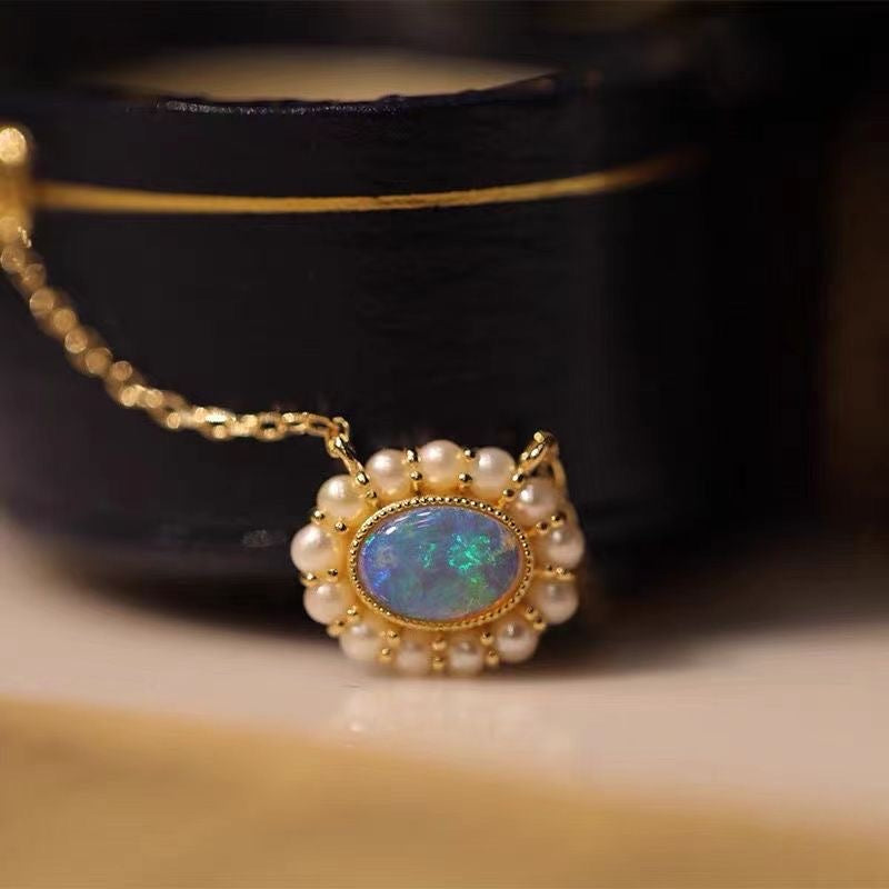 Opal Necklace Pendant Pearl Surrounded with Rose Gold Chain 45cm