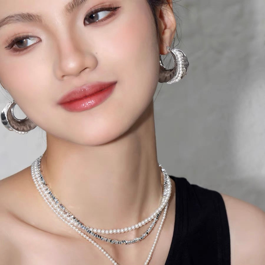 Super Big Hoop Earrings with Pearls Silver Chunky Huggie Designed Earrings