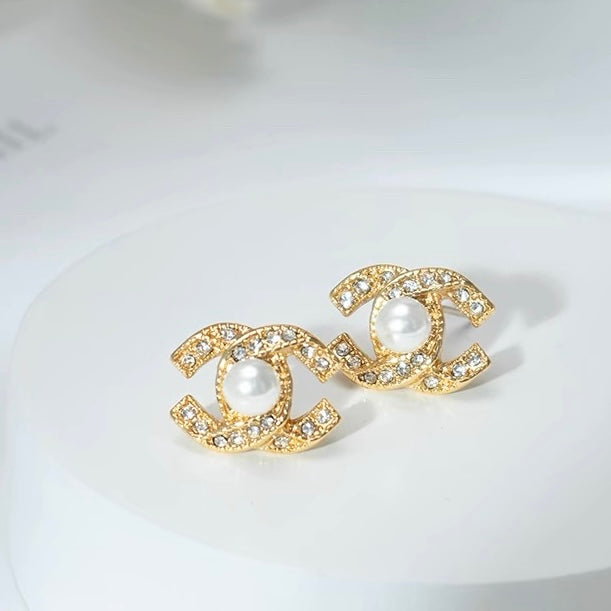 Pearl and Diamond Earrings | Gold Plated Stud Earrings | CC Pearl Earrings