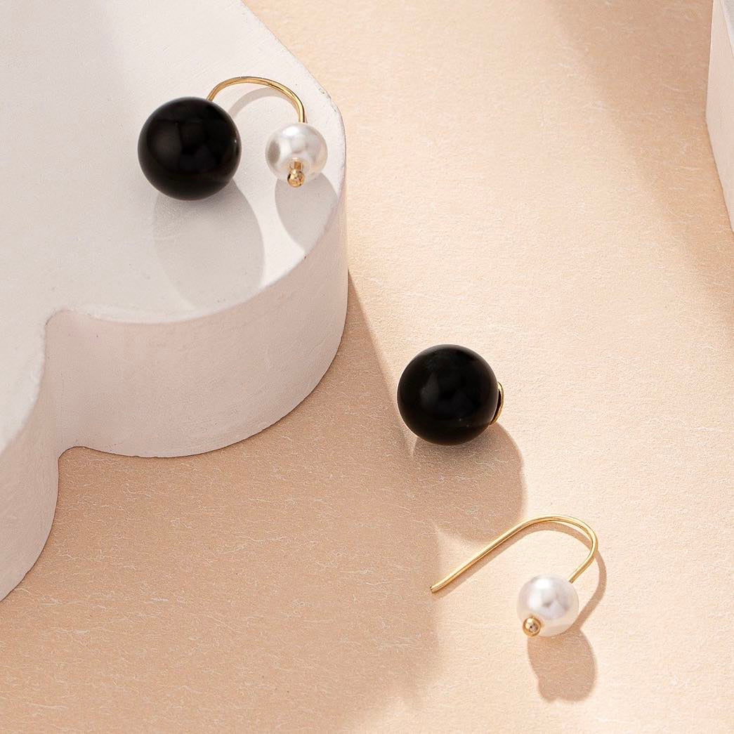 Black White Pearl Earrings Front and Back Pearl Stud Earrings 14k Gold Plated