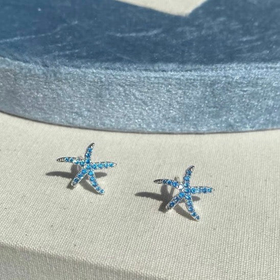 Blue Starfish Earring Studs Shiny Petite Crystal Studs with s925 Silver Pin