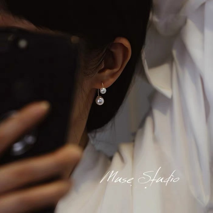 Black White Pearl Earrings Front and Back Pearl Stud Earrings 14k Gold Plated