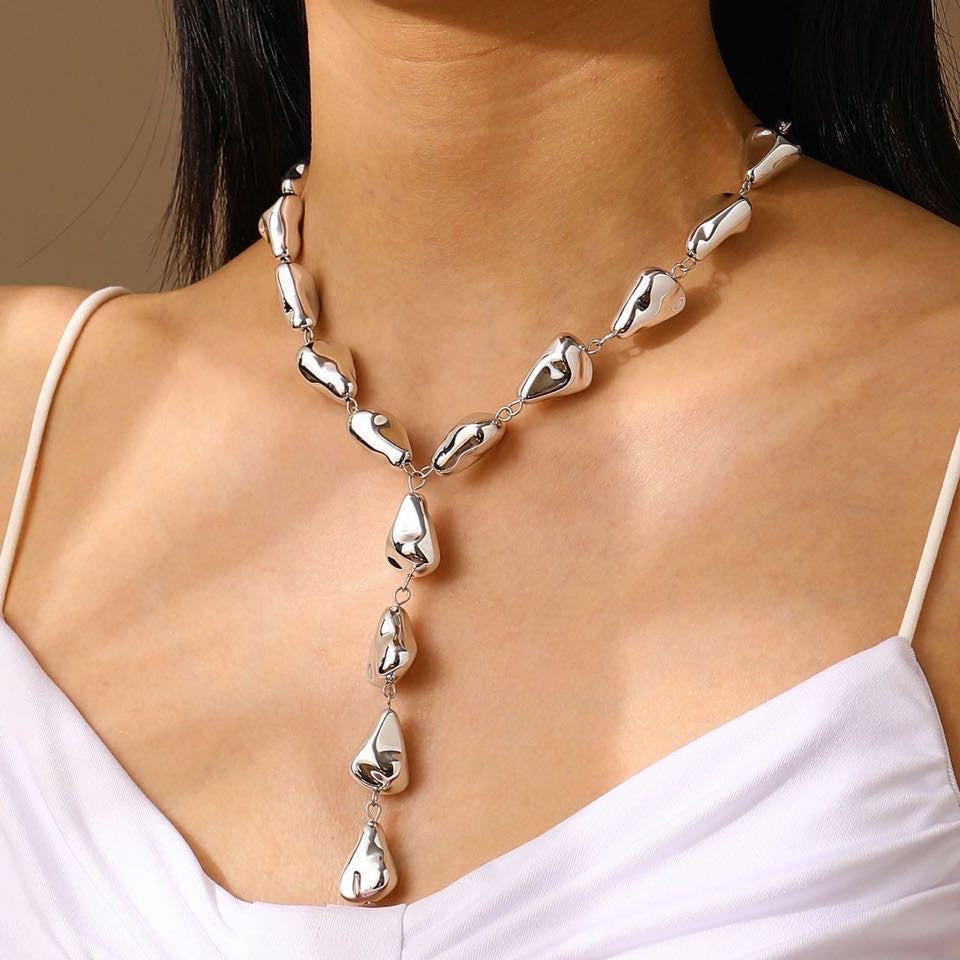 Gold and Silver Long Necklace Chain Baroque Stone Style Bead Chain Necklace