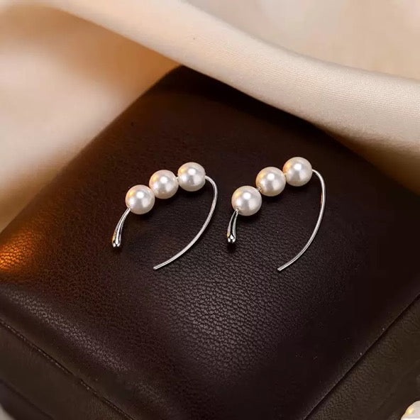 Sterling Silver Earrings Elegant 3 Pearl Drop Hoop Earrings S925 Silver