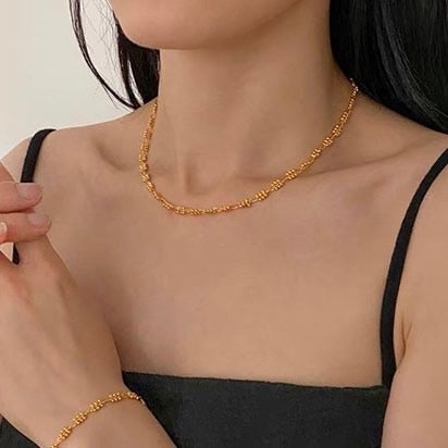 Solid 18K Gold Plated Chain Necklace and Bracelet, Double Strands Necklace 18 Inches Adjustable