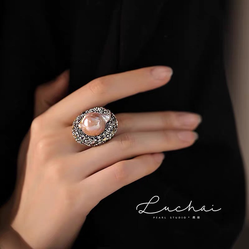 AAAA Natural Baroque Pearl Ring Size Adjustable Glitter Royal Style Ring 12mm Big Real Pearl Ring