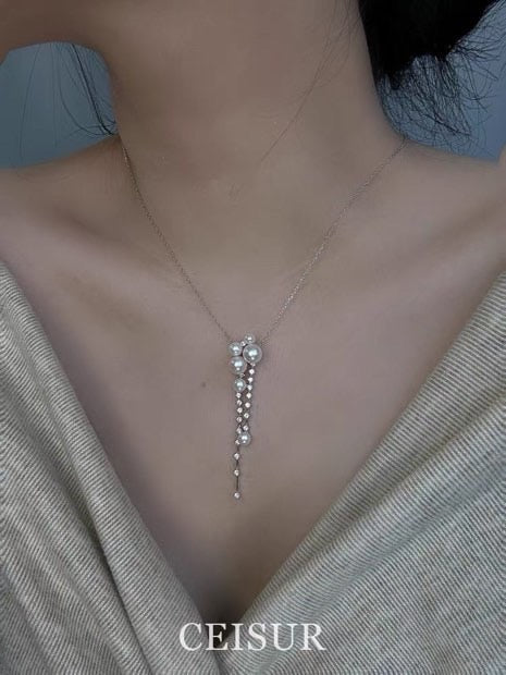 Freshwater Pearl Pendant Necklace Big Crystal Glossy Pearl Pendant Silver Chain 45cm