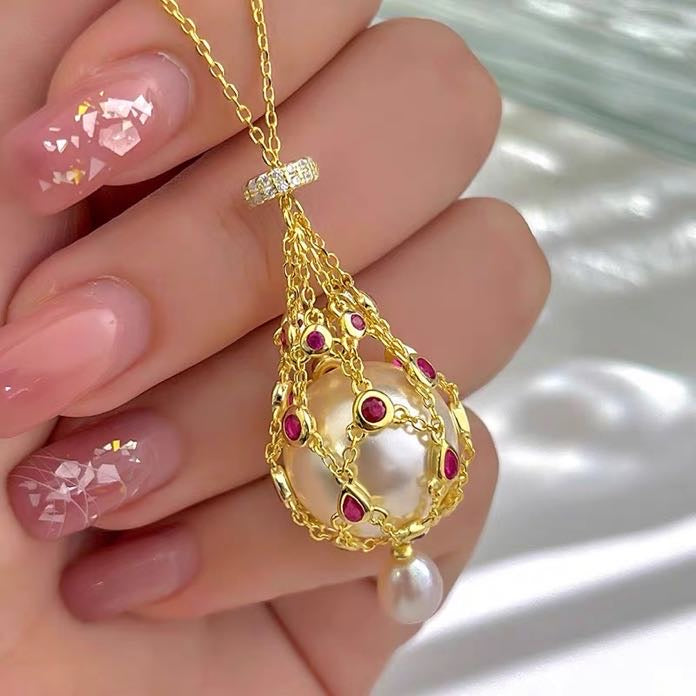 Pearl Net Pendant Necklace and Earrings Gold and Silver Luxury Collarbone Necklace Long Dress Chain