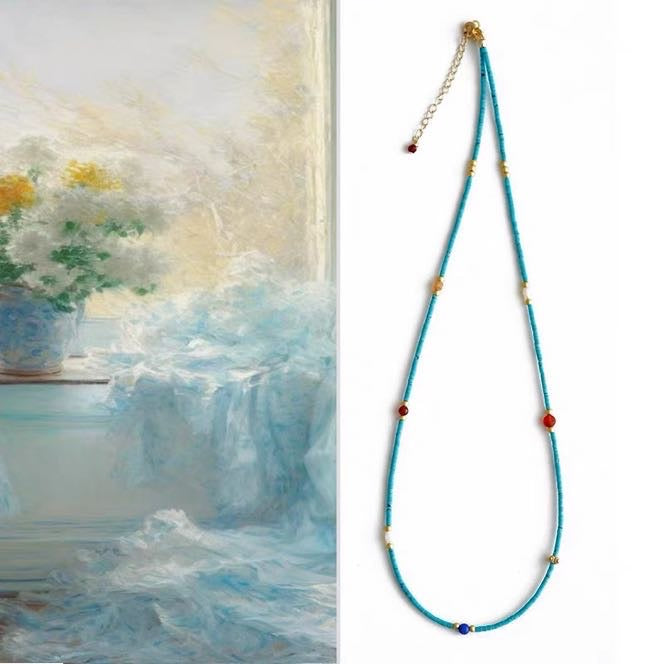 Turquoise Necklace Pearl and Natural Stone Necklace Luxury Blue Turquoise Chain 18 inch