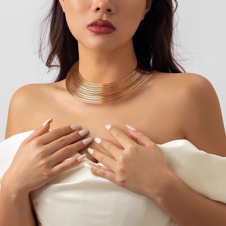 Gold and Silver Multiple Strands Chocker Necklace Size Adjustable Clasp