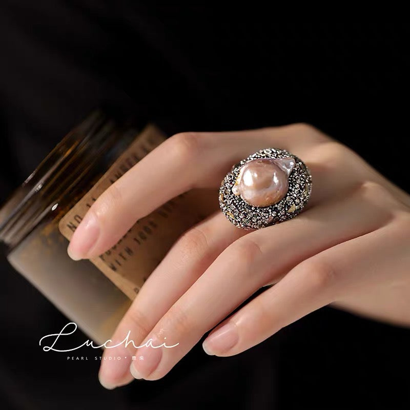 AAAA Natural Baroque Pearl Ring Size Adjustable Glitter Royal Style Ring 12mm Big Real Pearl Ring