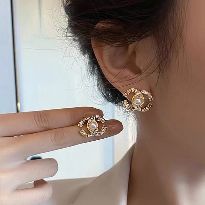 Pearl and Diamond Earrings | Gold Plated Stud Earrings | CC Pearl Earrings